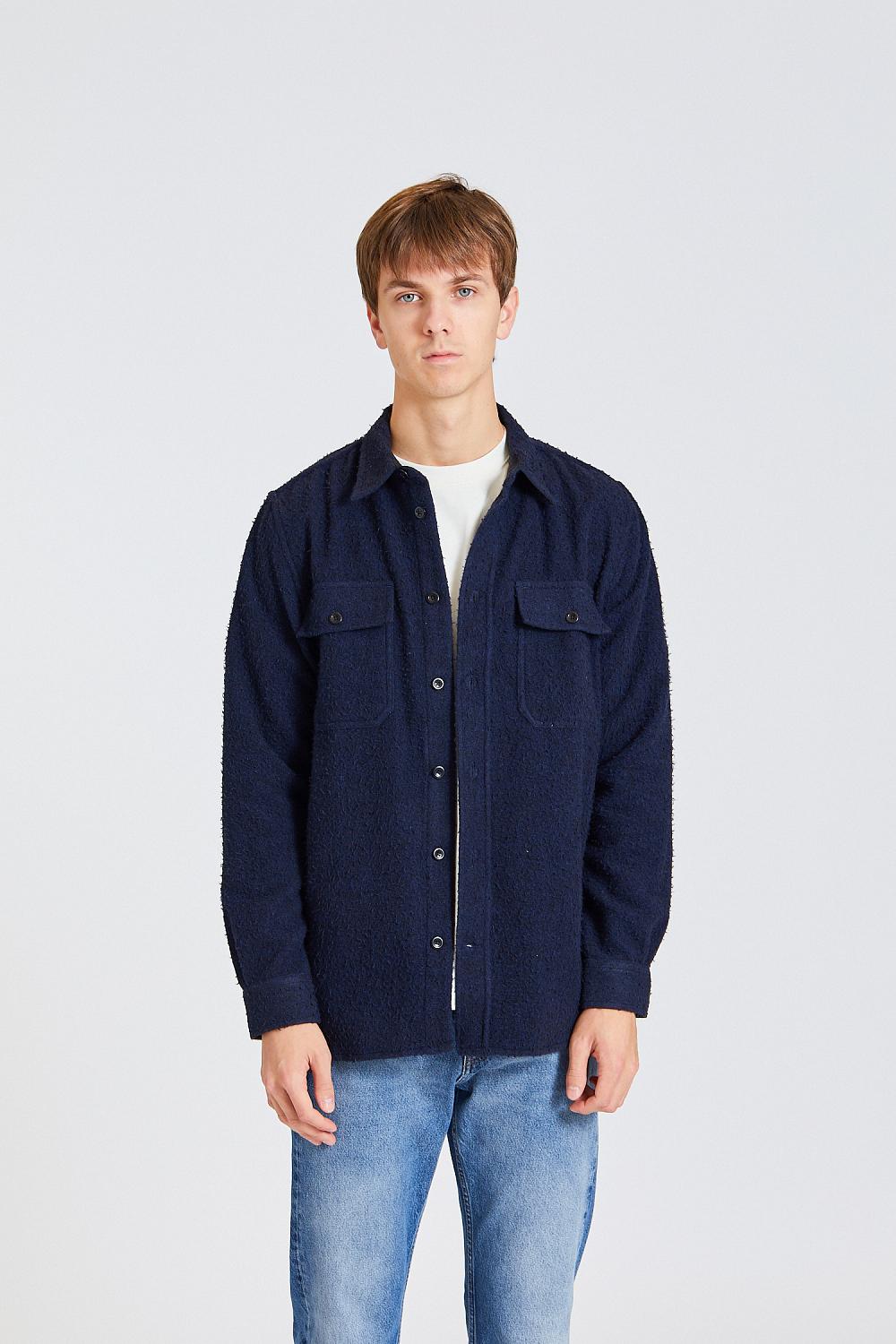 Silas Textured Cotton Wool Overshirt Dark Navy Retro